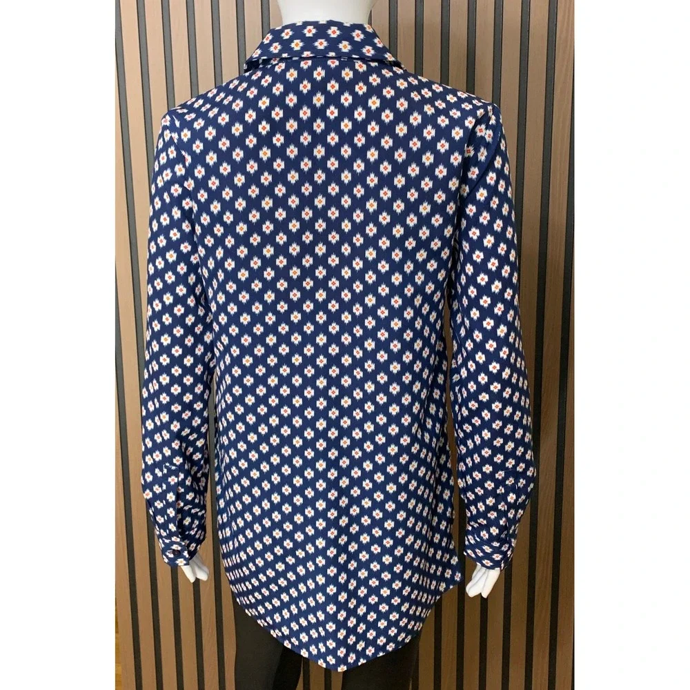 Michael Kors Navy Blue Geometric Ikat Full Zip Blouse Top Long Sleeve Small